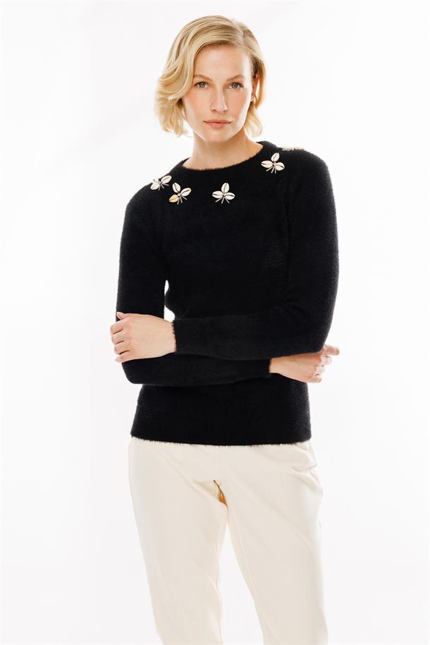 Deniz Kabuğu Detaylı Kazak-SİYAH