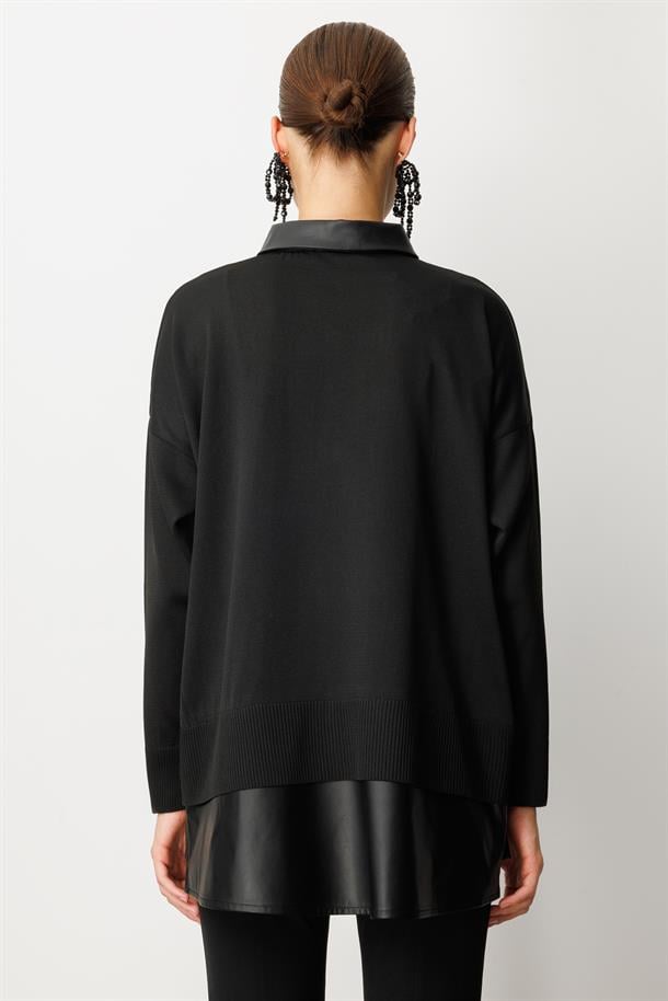 Deri Detaylı Polo Yaka Triko Kazak-SİYAH