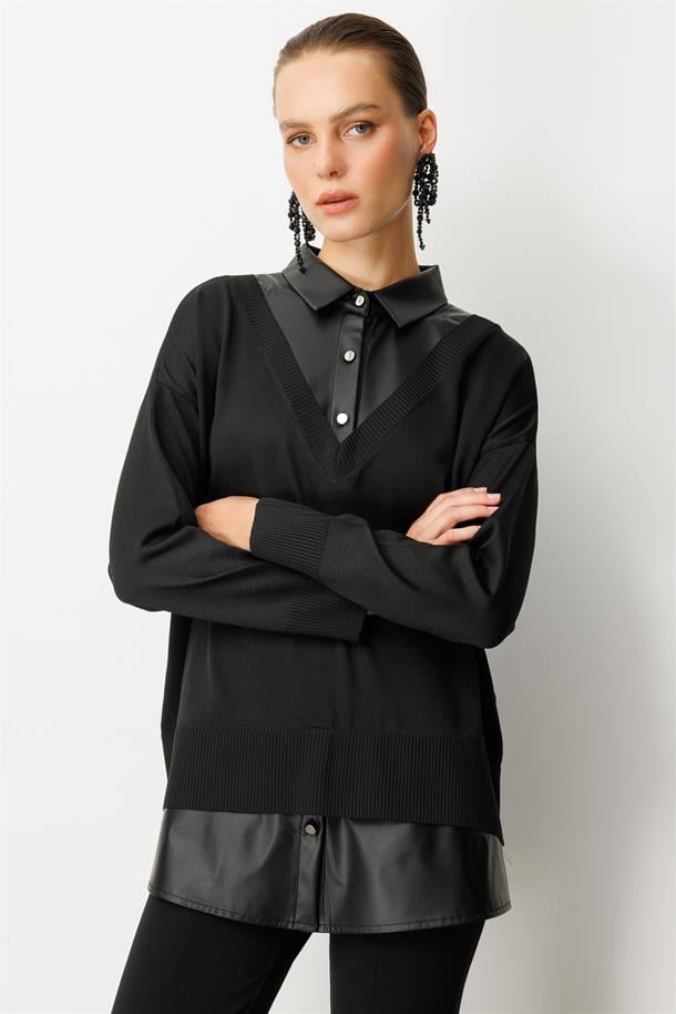 Deri Detaylı Polo Yaka Triko Kazak-SİYAH