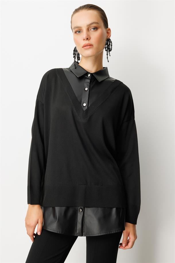 Deri Detaylı Polo Yaka Triko Kazak-SİYAH