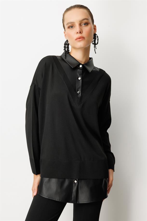 Deri Detaylı Polo Yaka Triko Kazak-SİYAH