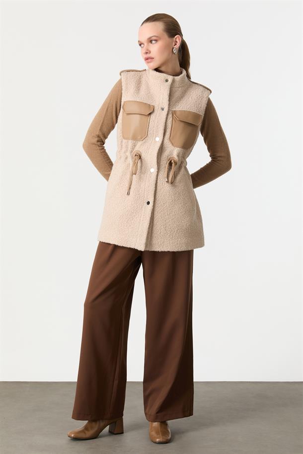 Deri Kombinli Buklet Ceket-VİZON