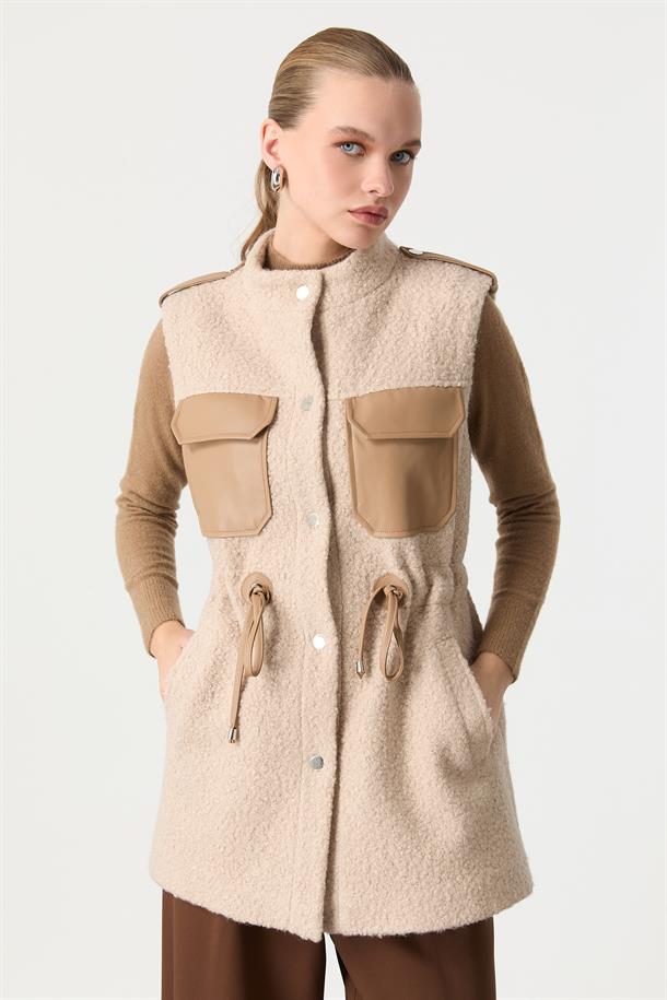 Deri Kombinli Buklet Ceket-VİZON