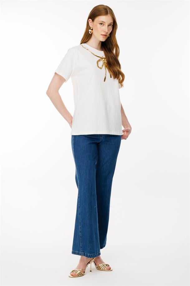 Desen Baskılı Tişört-EKRU