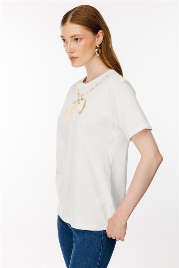 Desen Baskılı Tişört-EKRU