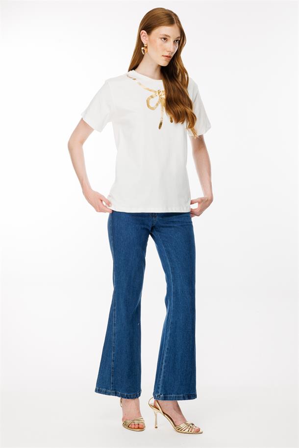 Desen Baskılı Tişört-EKRU