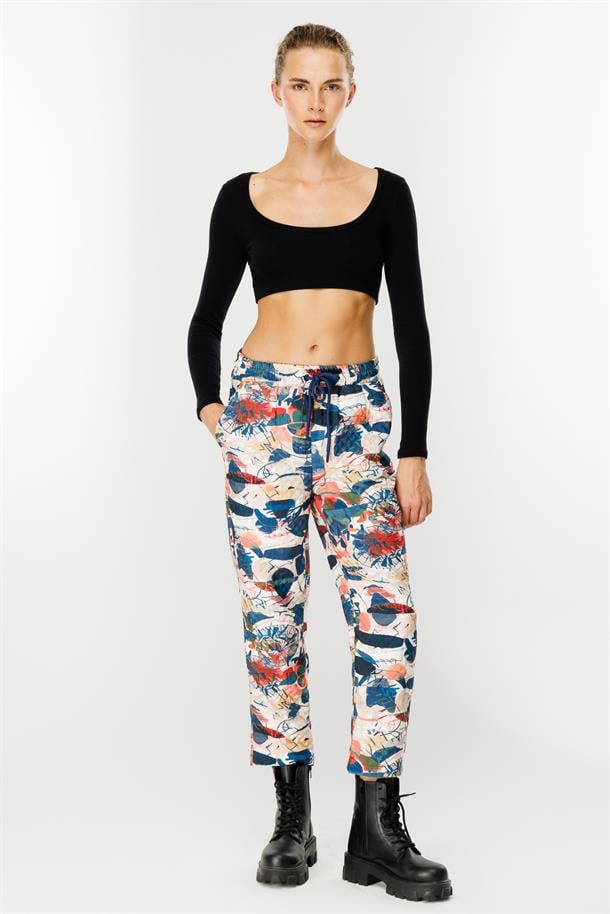 Desenli Beli Lastikli Kapitone Pantolon-MAVİ