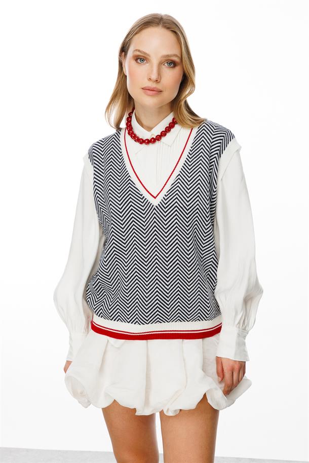 Desenli V Yaka Triko Süveter-LACI