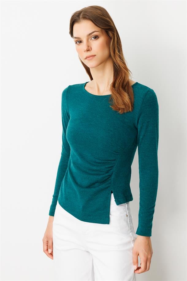 Drape Detaylı Dokuma Bluz-YEŞİL