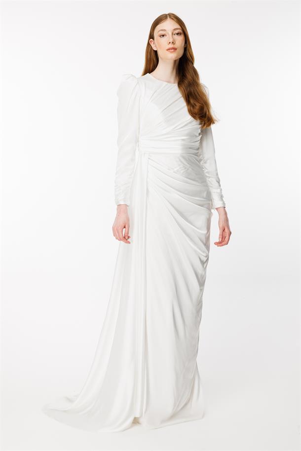 Drape Detaylı Kuyruklu Uzun Saten Abiye-EKRU