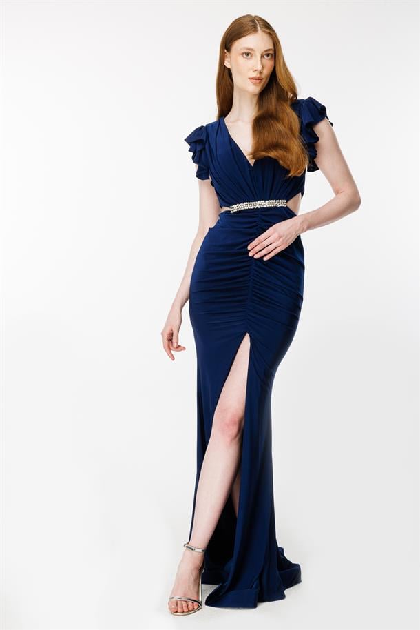 Drape Detaylı Taşlı Abiye-LACI