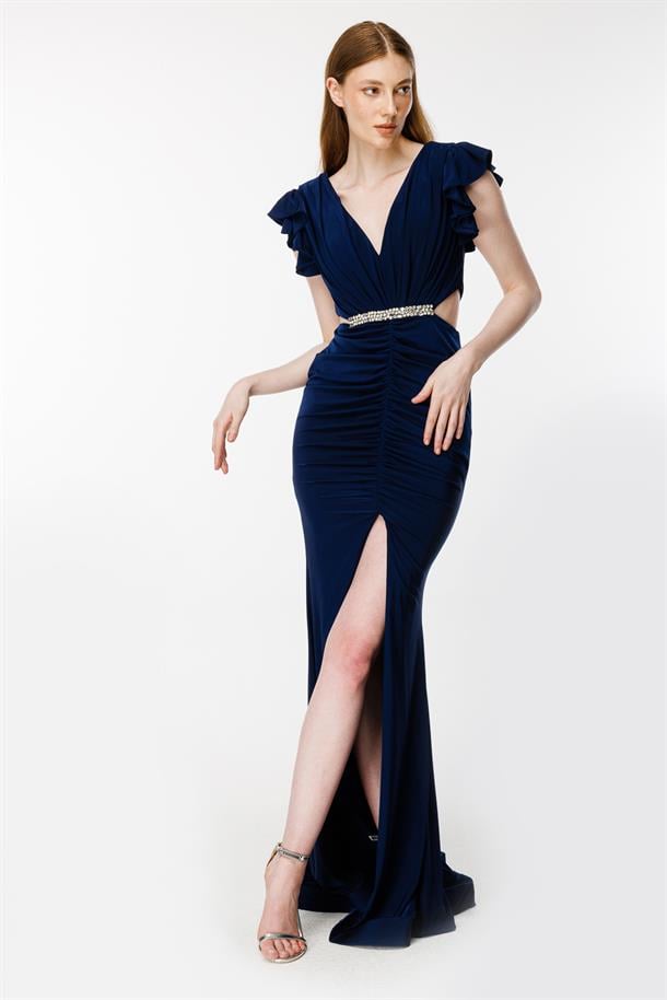 Drape Detaylı Taşlı Abiye-LACI