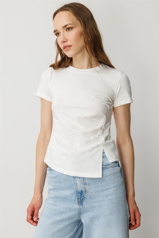 Drape Detaylı Taşlı Tişört-KEMIK