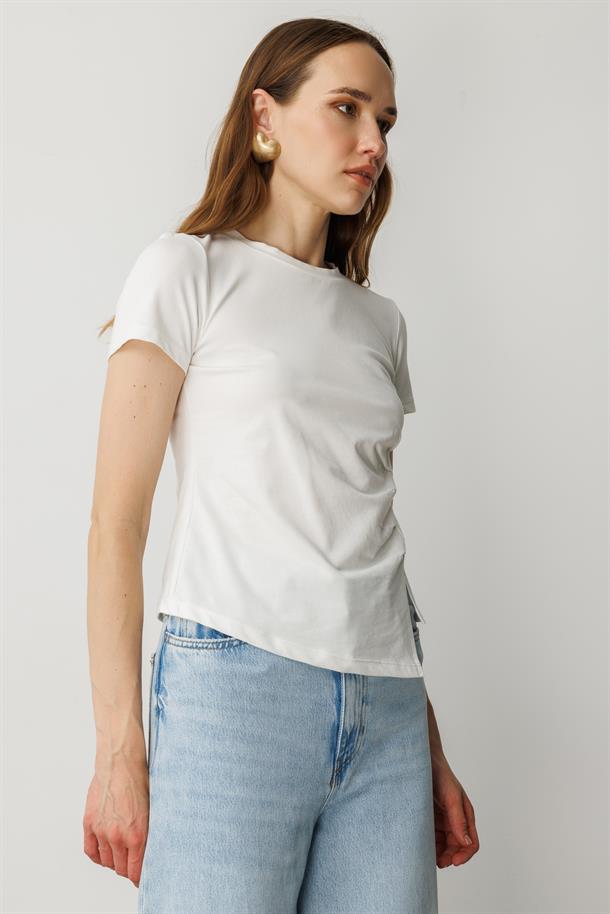 Drape Detaylı Taşlı Tişört-KEMIK