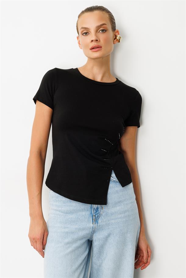 Drape Detaylı Taşlı Tişört-SİYAH