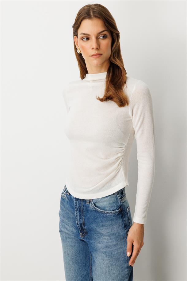 Drape Detaylı Yuvarlak Yaka Bluz-KEMIK