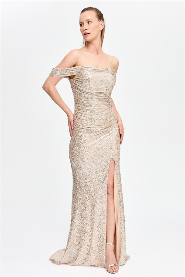 Drape ve Payet Detaylı Uzun Abiye-GOLD