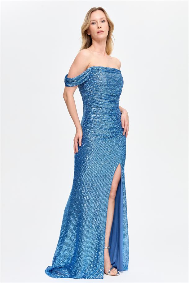 Drape ve Payet Detaylı Uzun Abiye-İNDİGO