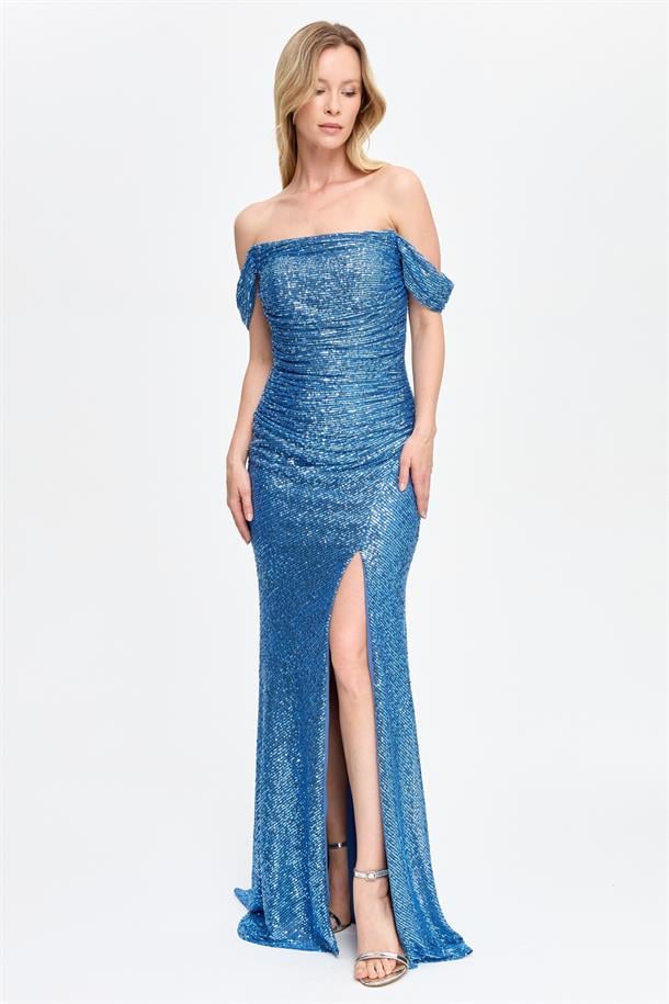 Drape ve Payet Detaylı Uzun Abiye-İNDİGO