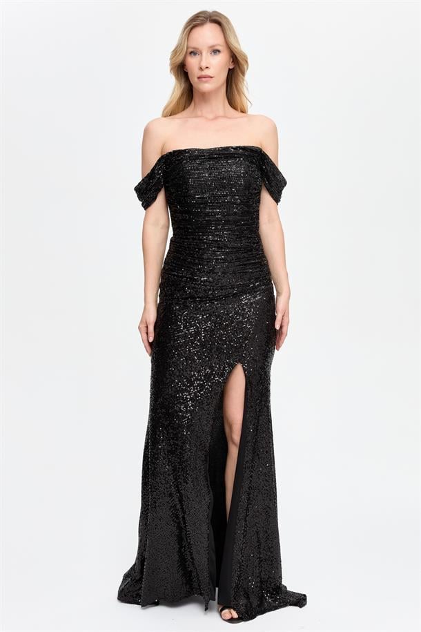 Drape ve Payet Detaylı Uzun Abiye-SİYAH