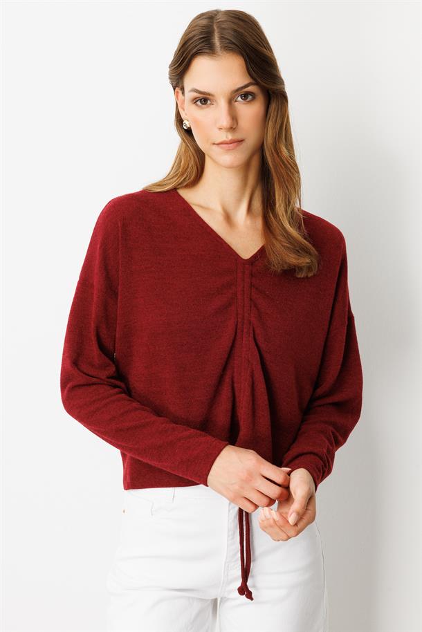 Drapeli V Yaka Dokuma Bluz-BORDO