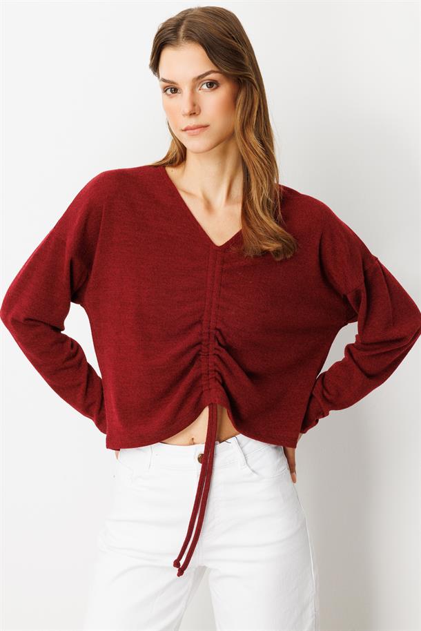 Drapeli V Yaka Dokuma Bluz-BORDO