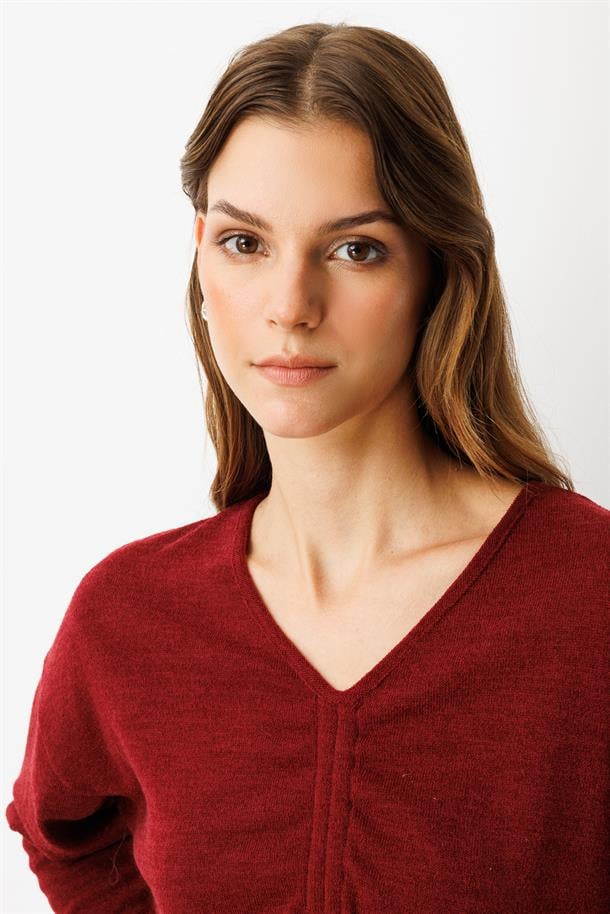 Drapeli V Yaka Dokuma Bluz-BORDO