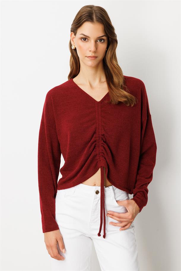 Drapeli V Yaka Dokuma Bluz-BORDO