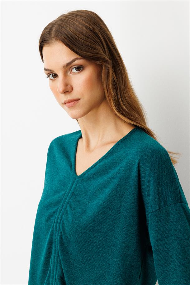 Drapeli V Yaka Dokuma Bluz-YEŞİL