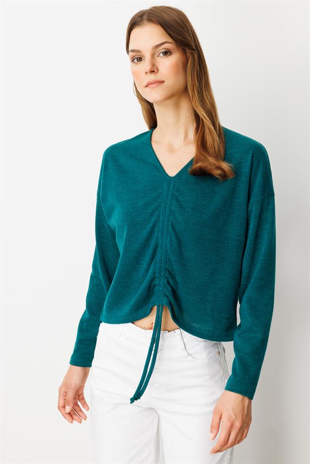 Drapeli V Yaka Dokuma Bluz-YEŞİL