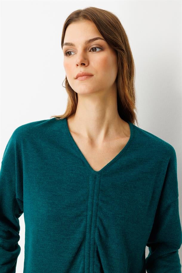 Drapeli V Yaka Dokuma Bluz-YEŞİL