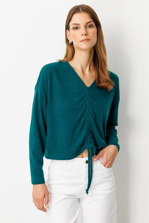 Drapeli V Yaka Dokuma Bluz-YEŞİL