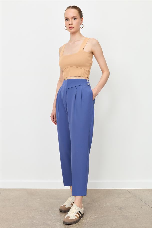 Düğme Deatylı Yüksek Bel Pantolon-İNDİGO