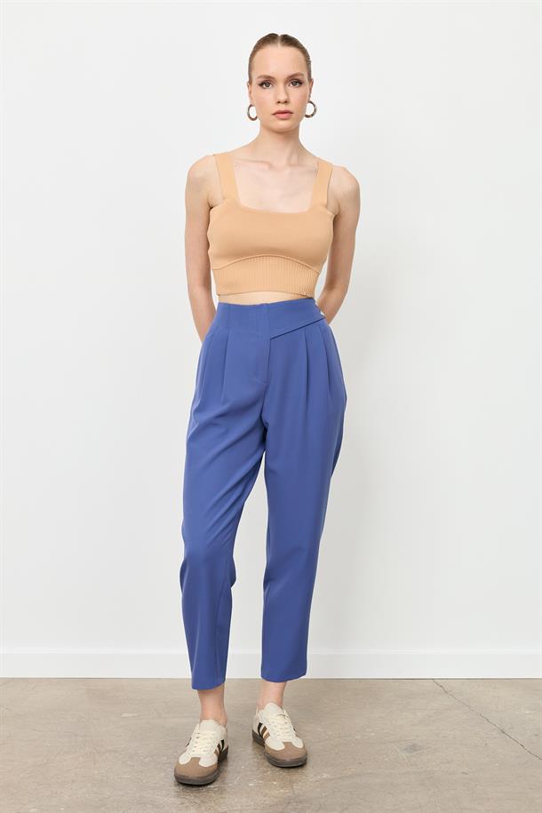 Düğme Deatylı Yüksek Bel Pantolon-İNDİGO