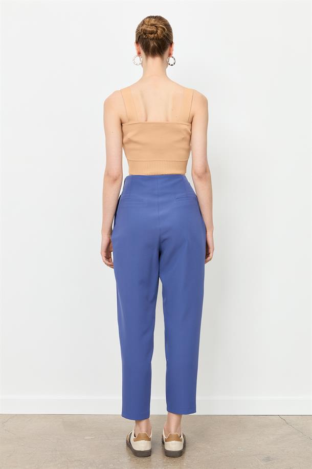 Düğme Deatylı Yüksek Bel Pantolon-İNDİGO