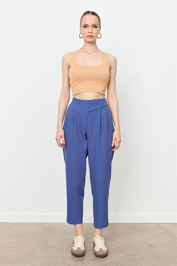 Düğme Deatylı Yüksek Bel Pantolon-İNDİGO