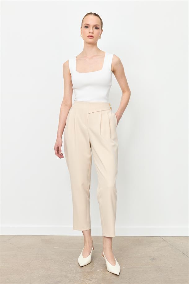 Düğme Deatylı Yüksek Bel Pantolon-TAŞ