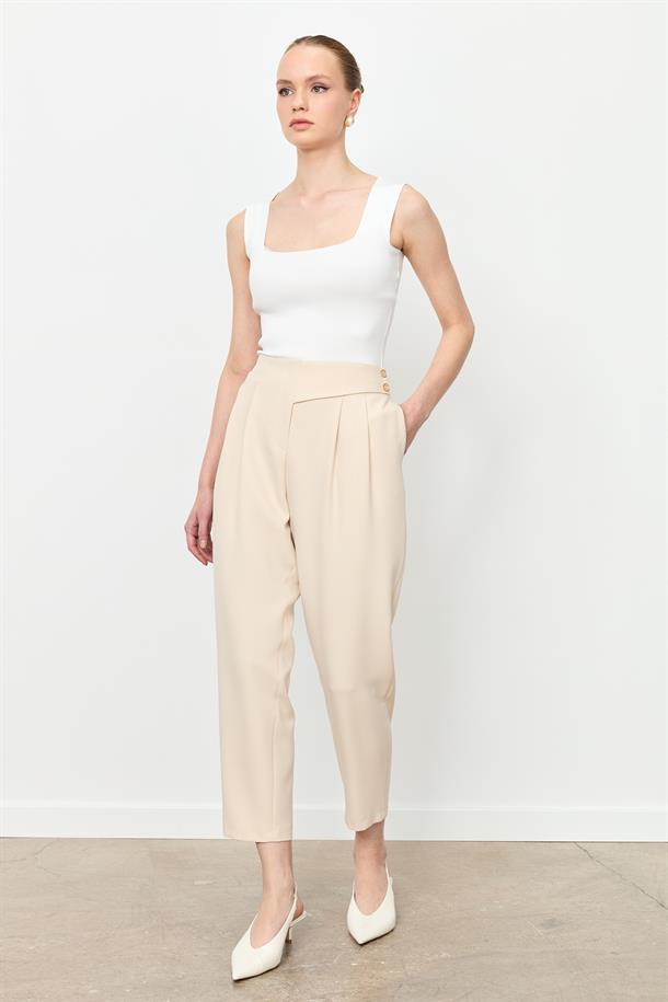 Düğme Deatylı Yüksek Bel Pantolon-TAŞ