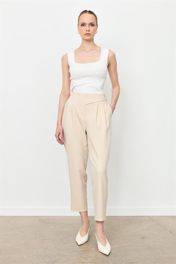 Düğme Deatylı Yüksek Bel Pantolon-TAŞ