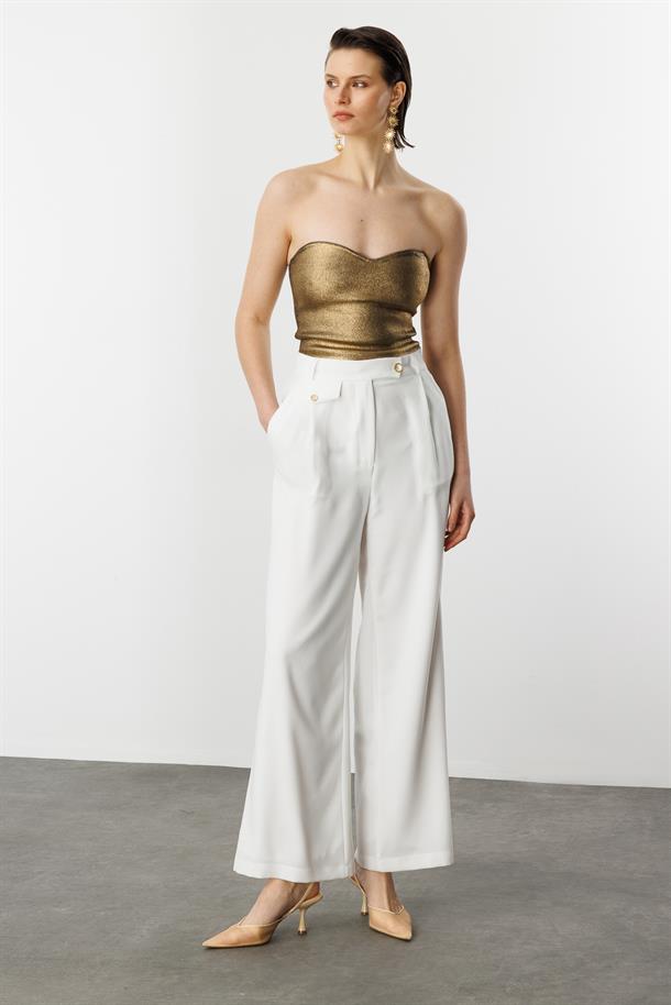 Düğme Detay Bol Pantolon-KEMIK