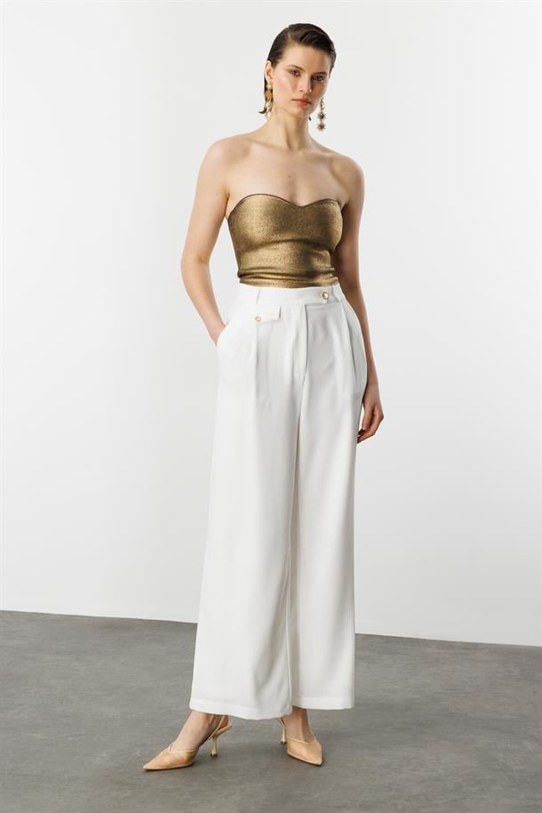 Düğme Detay Bol Pantolon-KEMIK