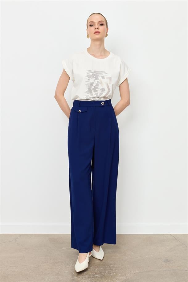 Düğme Detay Bol Pantolon-LACI