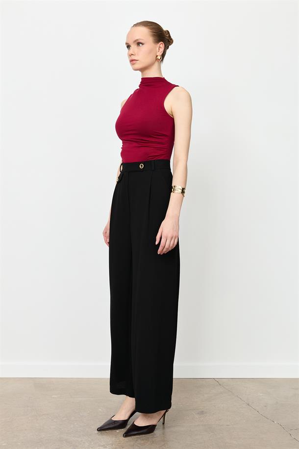 Düğme Detay Bol Pantolon-SİYAH