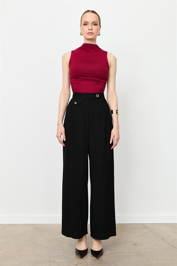 Düğme Detay Bol Pantolon-SİYAH