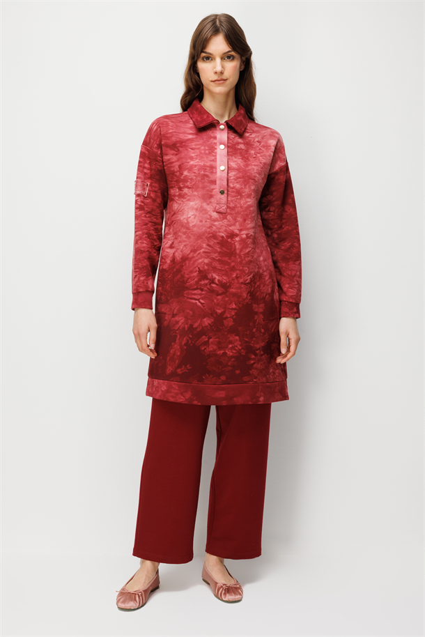 Düğme Detay Cepli Batik Tunik-BORDO