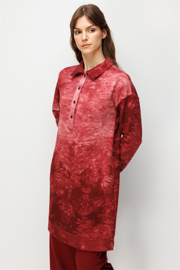 Düğme Detay Cepli Batik Tunik-BORDO