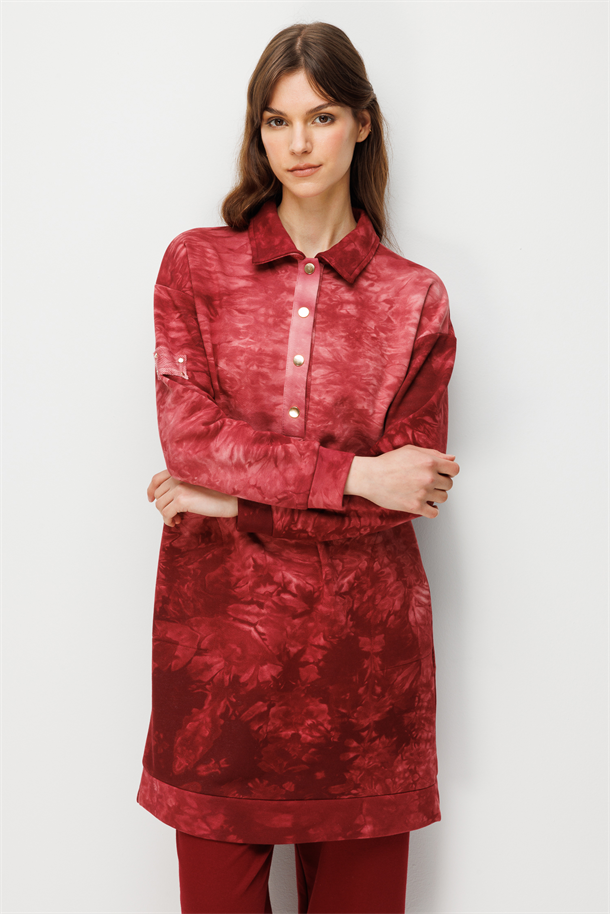 Düğme Detay Cepli Batik Tunik-BORDO