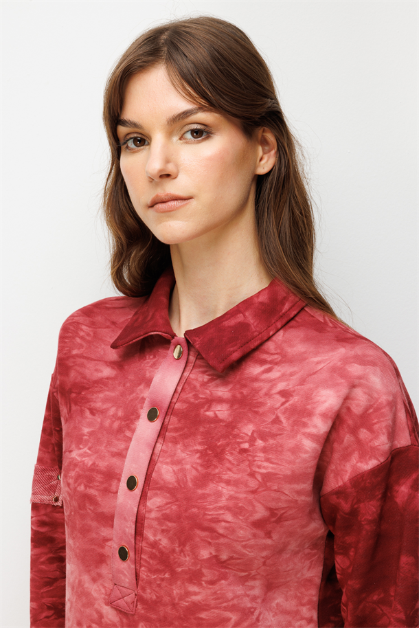 Düğme Detay Cepli Batik Tunik-BORDO