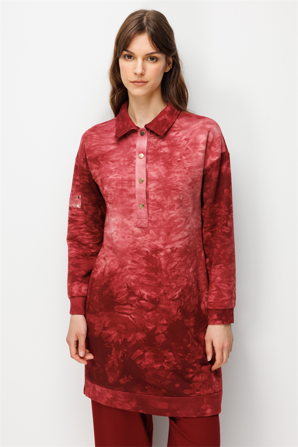 Düğme Detay Cepli Batik Tunik-BORDO