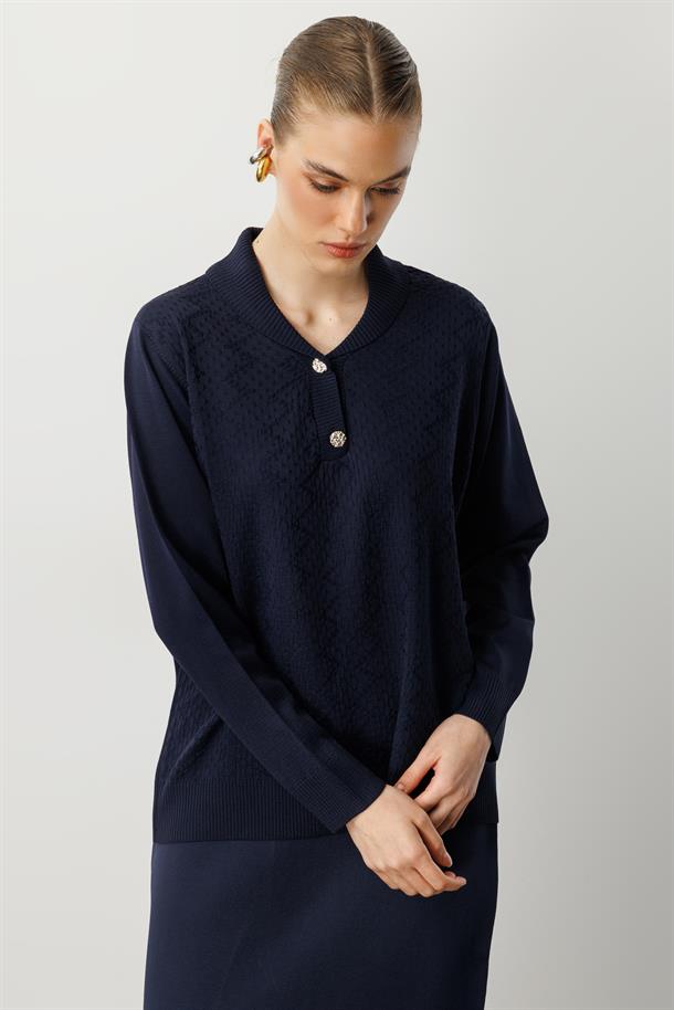 Büyük Beden Düğme Detaylı Triko Kazak-LACI